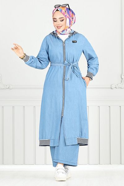 ModaMerve Hooded Denim Suit 351Mss941-M Light Denim