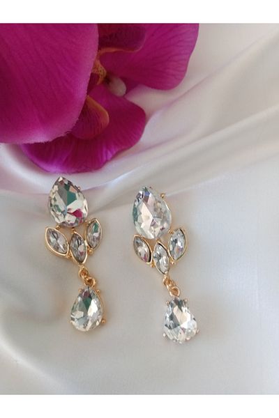 Pervin Ablacım White Stone Gold Hanging Engagement , Wedding Earrings Handmade
