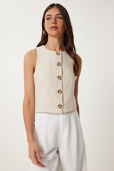Lovelyİstanbul Buttoned Woven Vest Beige Lhc0017