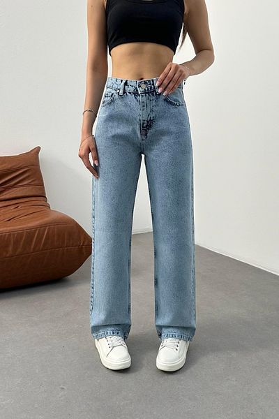 BİKELİFE Hellblaue Snow-Wash-Jeans für Damen mit hoher Taille, dehnbarem Lycra und weitem Bein
