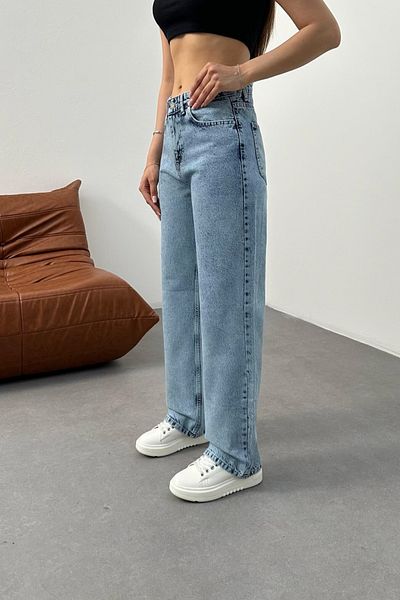 BİKELİFE Hellblaue Snow-Wash-Jeans für Damen mit hoher Taille, dehnbarem Lycra und weitem Bein