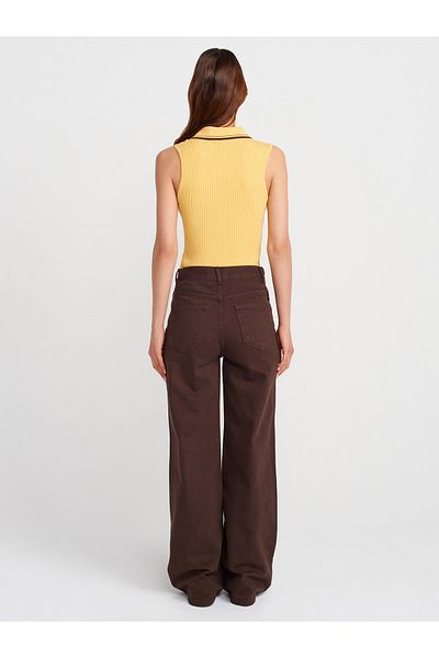 Dilvin 71991 Asymmetrical Cotton Denim Pants-Brown