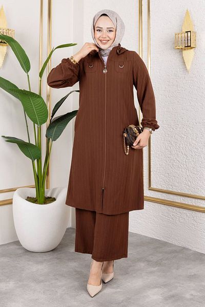 Tesettür Dünyası Pocket Detailed Zippered Suit Tsd250168 Brown
