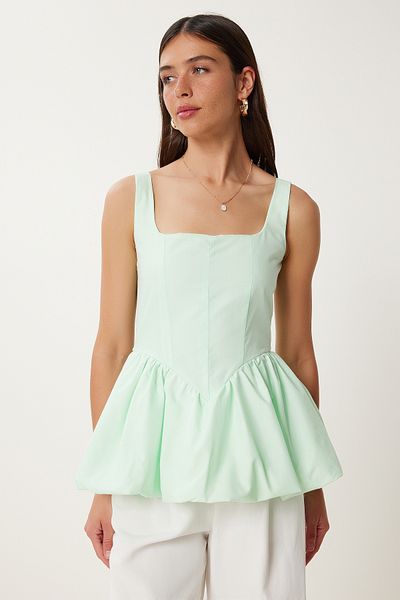 Lovelyİstanbul Μπλούζα Poplin με Ζαρτιέρες Μπαλόνι Φούστα WATER GREEN LPX0002