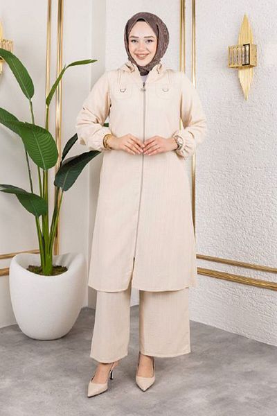 Tesettür Dünyası Pocket Detailed Zippered Suit Tsd250168 Stone Color