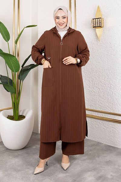 Tesettür Dünyası Hooded Zippered Suit Tsd250167 Brown