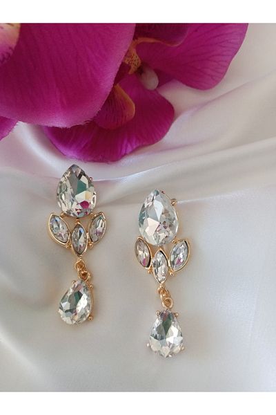 Pervin Ablacım White Stone Gold Hanging Engagement , Wedding Earrings Handmade