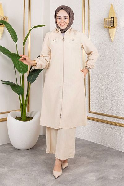Tesettür Dünyası Pocket Detailed Zippered Suit Tsd250168 Stone Color