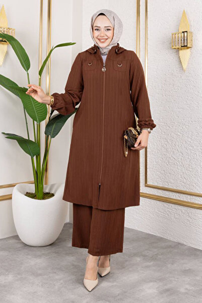 Tesettür Dünyası Pocket Detailed Zippered Suit Tsd250168 Brown
