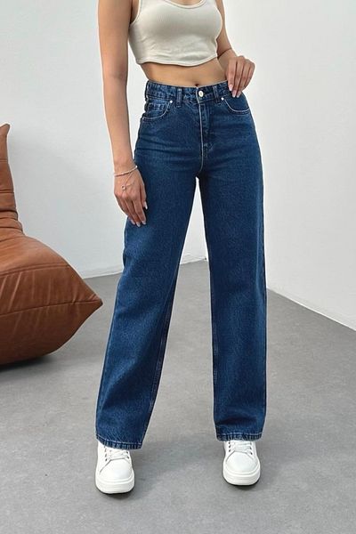BİKELİFE Marineblaue Damenjeans mit hoher Taille und weitem Bein