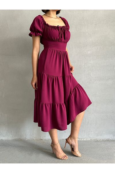 BEJNA Women's Plum Collar Gathered Stretch Dress