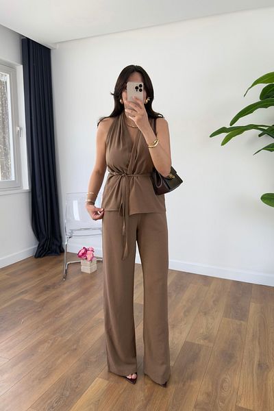 BİRCANÇİL Wilda Brown Belt Detailed Blouse Trousers Set