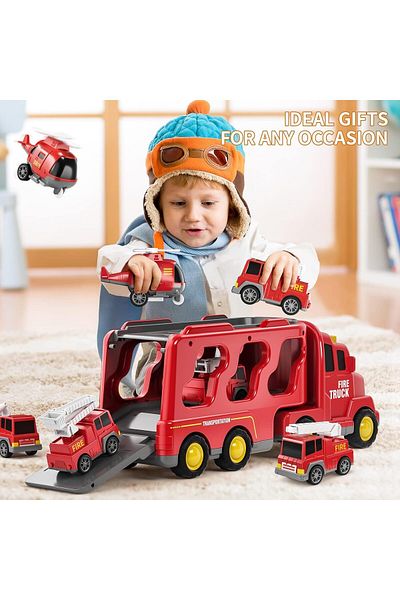 Yelajoy 5 in 1 Fire Car Truck Toys for Kids, With Light and Sound, Carrier Vehicle and 4 Cars, Gift for 3+