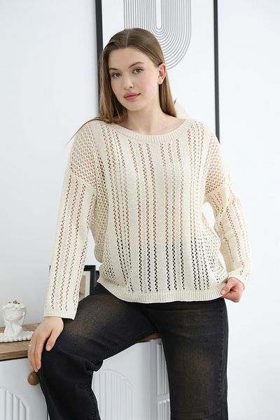 ALCHON Wide Crew Neck Loose Cut Comfortable Fit Long Sleeve Hollowed Openwork Summer Stylish Knitwear Sweater Blouse
