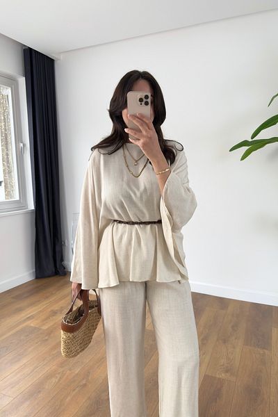 BİRCANÇİL Vera Stone Back Bias Drawstring Cape Linen Set