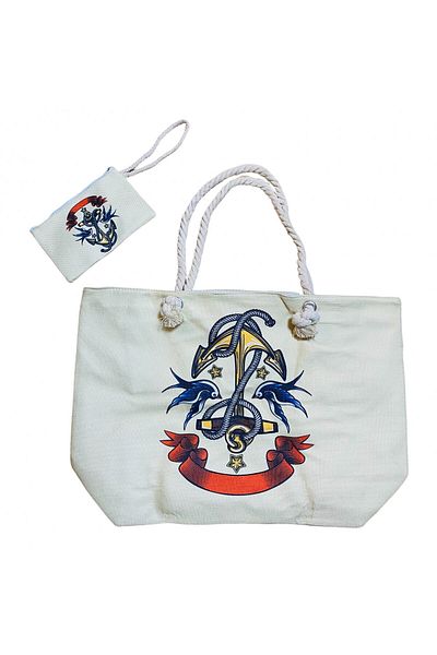 CRACOS Beach bag and wallet set, bird and anchor print, metal zipper, 55 x 37 x 15 cm