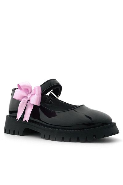 Rakerplus Black Patent Leather Velcro Thick Sole Ribbon Girls' School Shoes