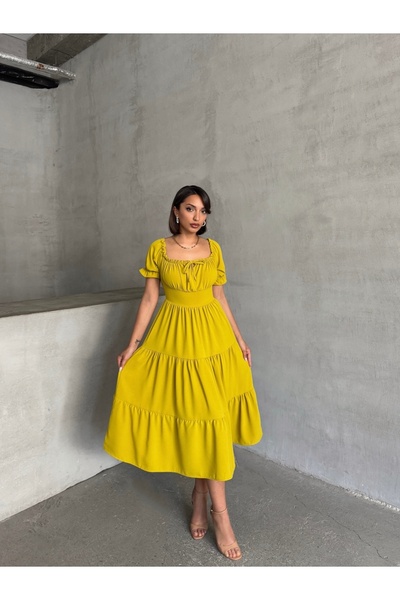 BEJNA Women's Oil Green Gathered Collar Stretch Dress