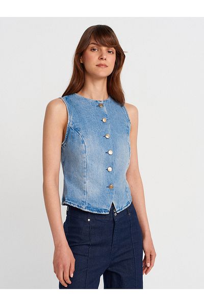Dilvin 50754 Crew Neck Denim Vest-Tint