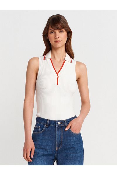 Dilvin 10773 V Polo Neck Ribbed Contrast Knitwear Blouse-B.-Red