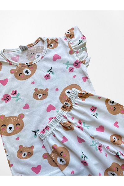 Fil Kids Girl's Cotton Fabric White Teddy Bear Heart Patterned Short Sleeve Shorts Summer Pajama Set