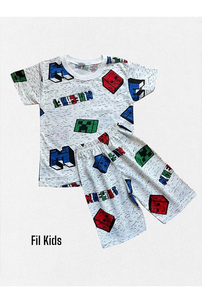 Fil Kids Set de pijamale de vară pentru băieți, din țesătură de bumbac, alb, cu modele de joc, cu mâneci scurte