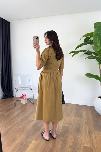 BİRCANÇİL Sofia Mustard V-Neck Button Detail Dress