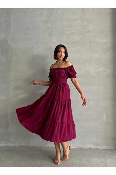 BEJNA Women's Plum Collar Gathered Stretch Dress