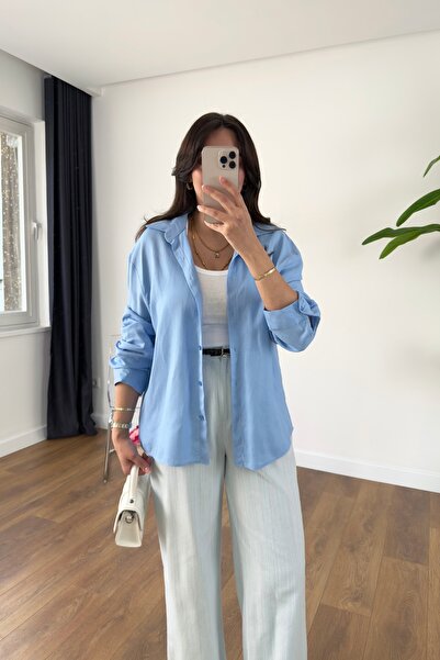 BİRCANÇİL قميص MD رازي من الكتان الأزرق