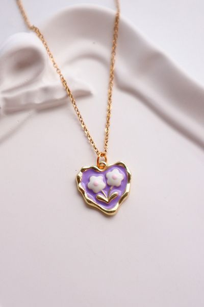 EFBUTİK Purple Heart Flower Pattern Imported Necklace with Gold Color Chain