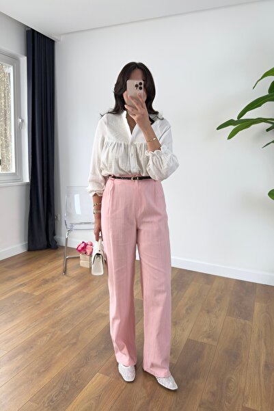 BİRCANÇİL Λινό παντελόνι Efna με ροζ ζώνη