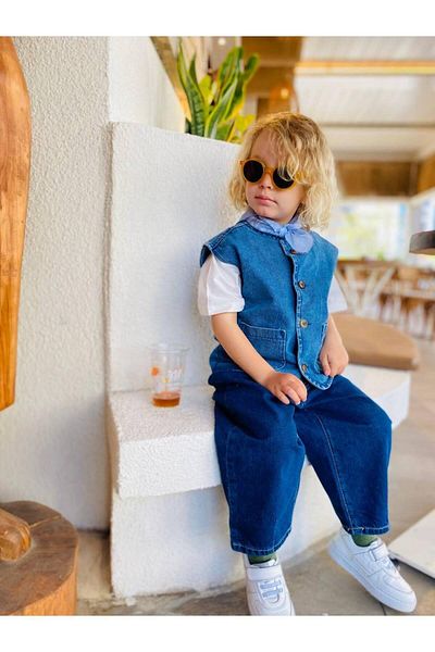 2kids2mom Denim Vest and White Tshirt Eid Unisex 2'Li Set