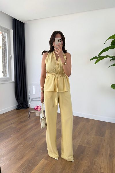 BİRCANÇİL Wilda Yellow Belt Detailed Blouse Trousers Set