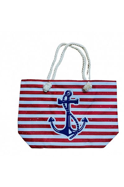 CRACOS Beach bag and wallet set, stripes and anchor, metal zipper, red and white, 55x37x15 cm