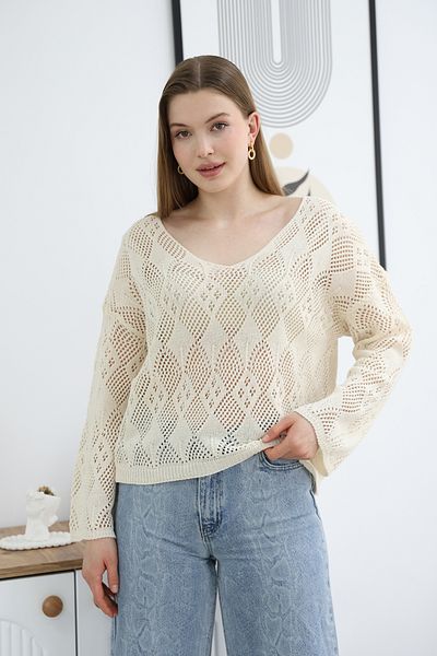 ALCHON Wide Churned V-Neck Argyle Pattern Comfortable Fit Long Sleeve Openwork Perforated Summer Stylish Tirko Pullover Blouse