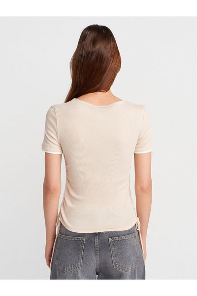 Dilvin 31816 Double Layer Gathered T-Shirt-Beige