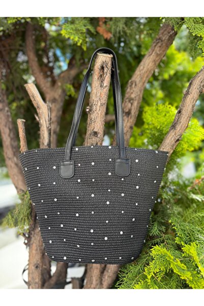 Axesoire NWC-1045 Μαύρη ψάθινη τσάντα χειρός με πέτρες
