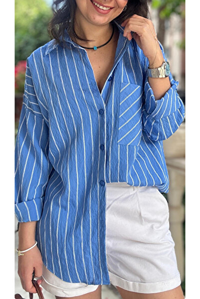 LaSorella Butik KADIN MAVİ ÇİZGİLİ GÖMLEK