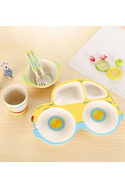 COOYA 5PCS Kids Cartoon Dinnerware Set,Natural Bamboo Fiber,BPA-free,Lightweight Durable,Not Break Easy