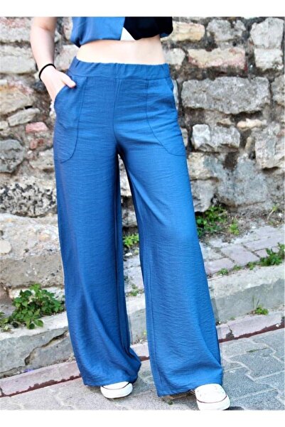 Pasaklı Giyim Kadın Indigo Mavi Bol Paça Beli Lastikli Rahat Çift Cepli Rahat Keten Dokulu Pantolon Yb2933220
