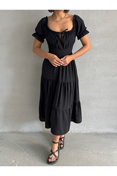 BEJNA Rochie neagră elastică cu guler adunat pentru femei