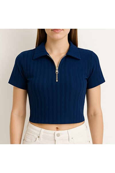 CASUALSTYLE YARIM FERMUAR DİK YAKA KISA KOLLU CROP