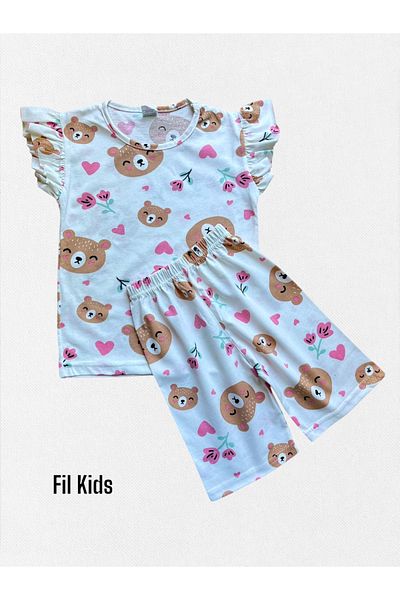 Fil Kids Girl's Cotton Fabric White Teddy Bear Heart Patterned Short Sleeve Shorts Summer Pajama Set