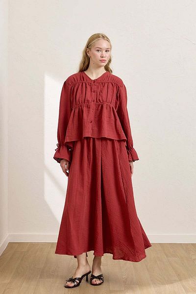 Ceylan Otantik Burgundy Muslin Blouse & Balloon Skirt Set