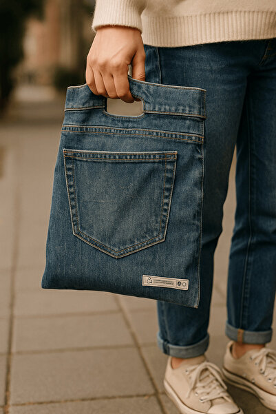 PlasandPlus Güçlendirilmiş El Geçmeli Takviyeli Mağaza Poşeti Kot Desen Baskı No 4 39x48 cm 50 Li