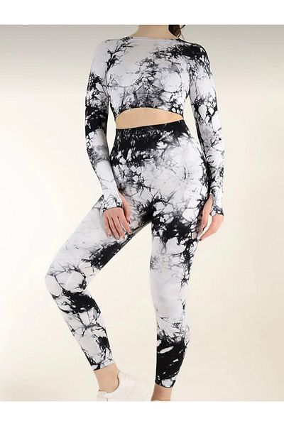 MODA Strivex White Polyamide Seamless Seamless Push-Up Gathering Tie-Dye Pattern Sports Tights Set