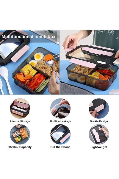 COOYA 1500ML 3 Compartment Lunch Box,With Spoon And Fork,Durable and Leak-Proof,Microwave,Dishwasher Safe