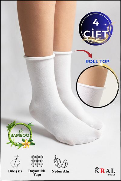 KRAL SOCKS Дамски безшевни бамбукови чорапи до глезена, 4 чифта, с рол-топ и ластик
