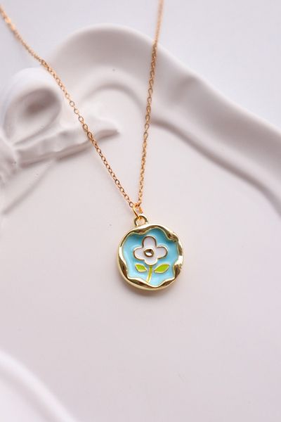 EFBUTİK Blue Enameled Magnolia Flower Imported Necklace with Gold Color Chain