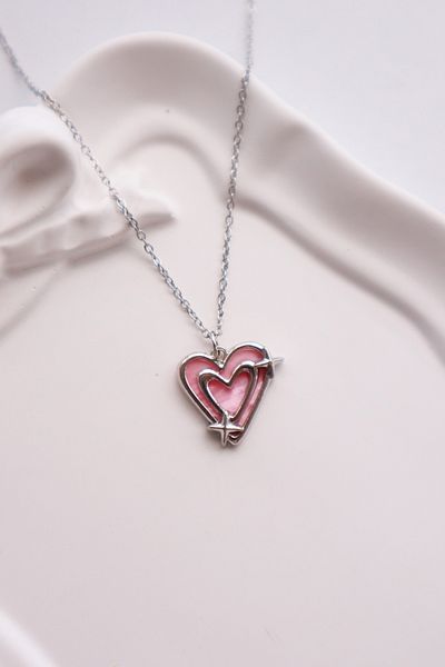 EFBUTİK Pink Two Heart Imported Necklace with Silver Color Chain